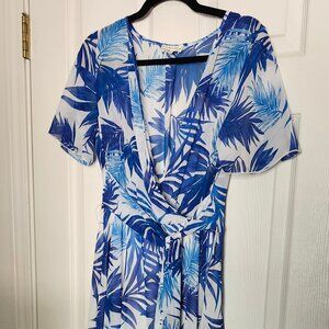 Blue and White Tropical Print Sheer Maxi Dress